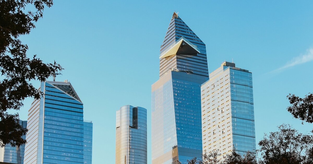 Autumn leaves frame a collection of skyscrapers