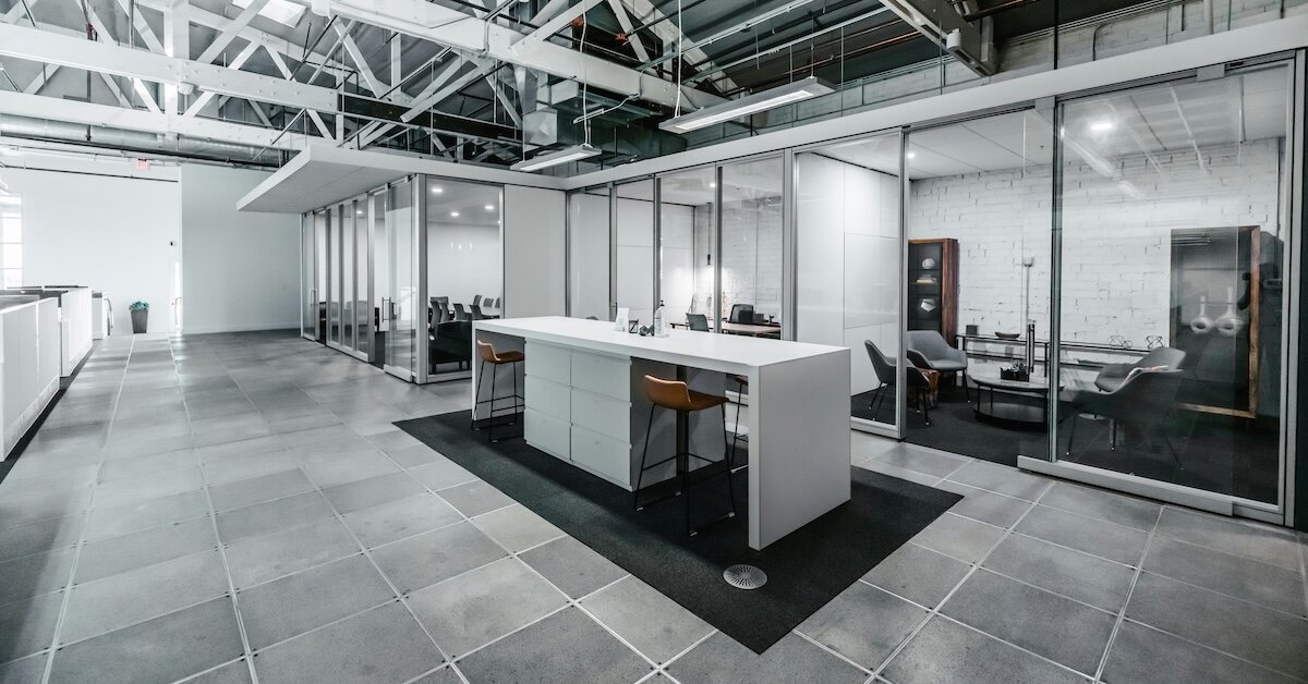 the inside of a converted office building