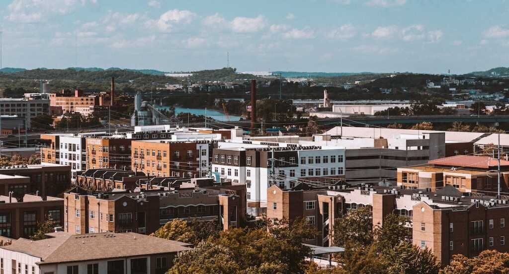 A daytime view of smaller office and apartment buildings in the city of Nashville