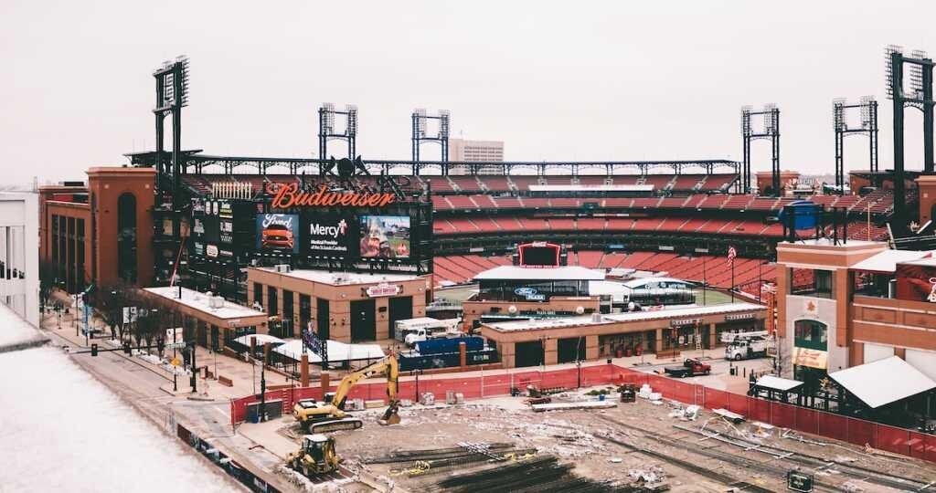 office buildings surround St. Louis baseball stadium