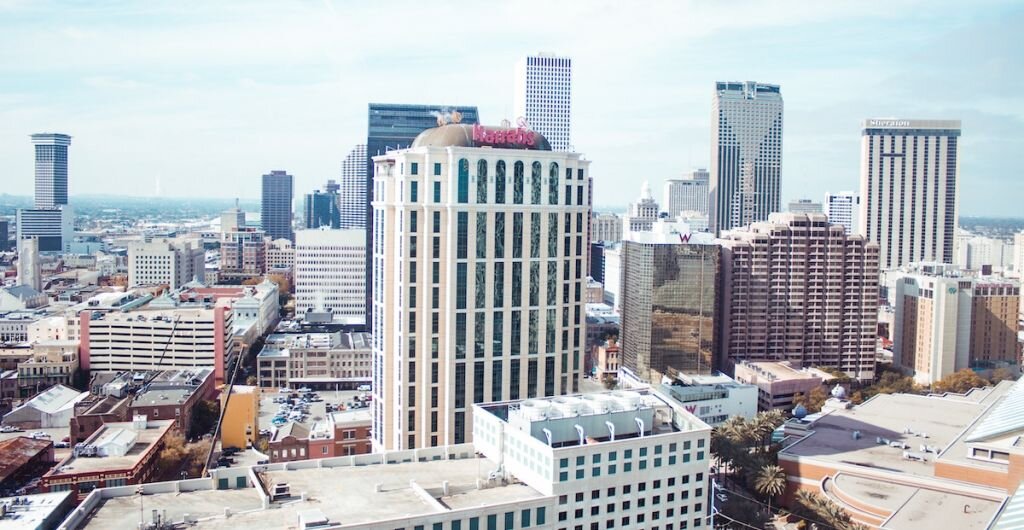 A view of the more modern side of New Orleans, with downtown buildings poking into the sky