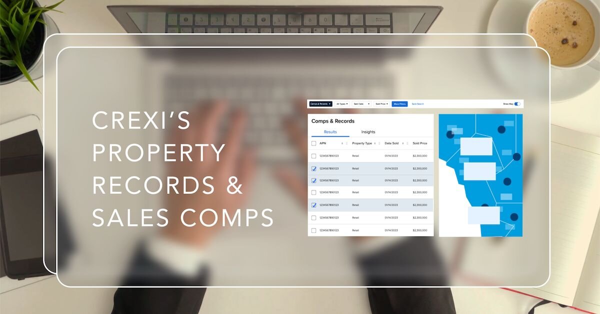 A person is using a computer on a desk, with the title "Crexi's Property Records & Sales Comps" overlayed on top of the image