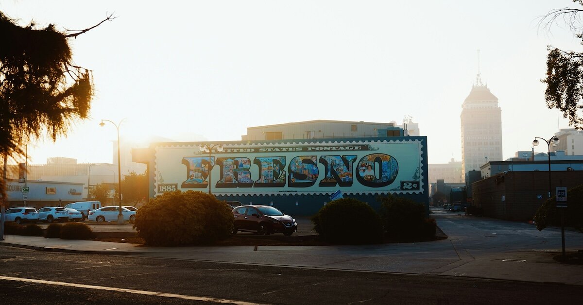 A large mural with the word Fresno on it