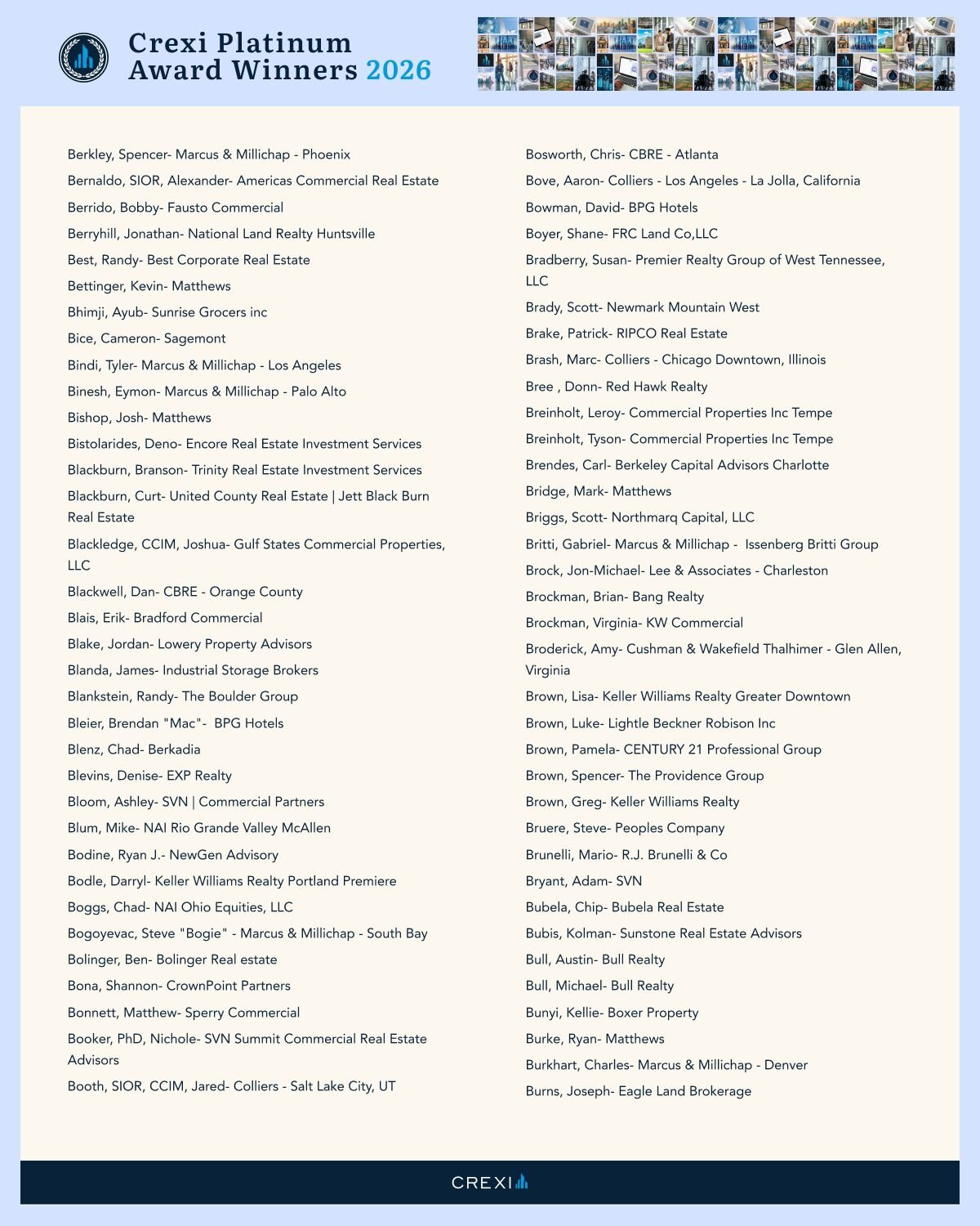 List of Crexi Platinum Award Winners for 2026