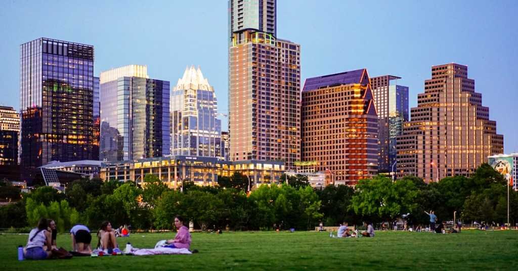 Zilker Park with Downtown Austin, Texas in the background