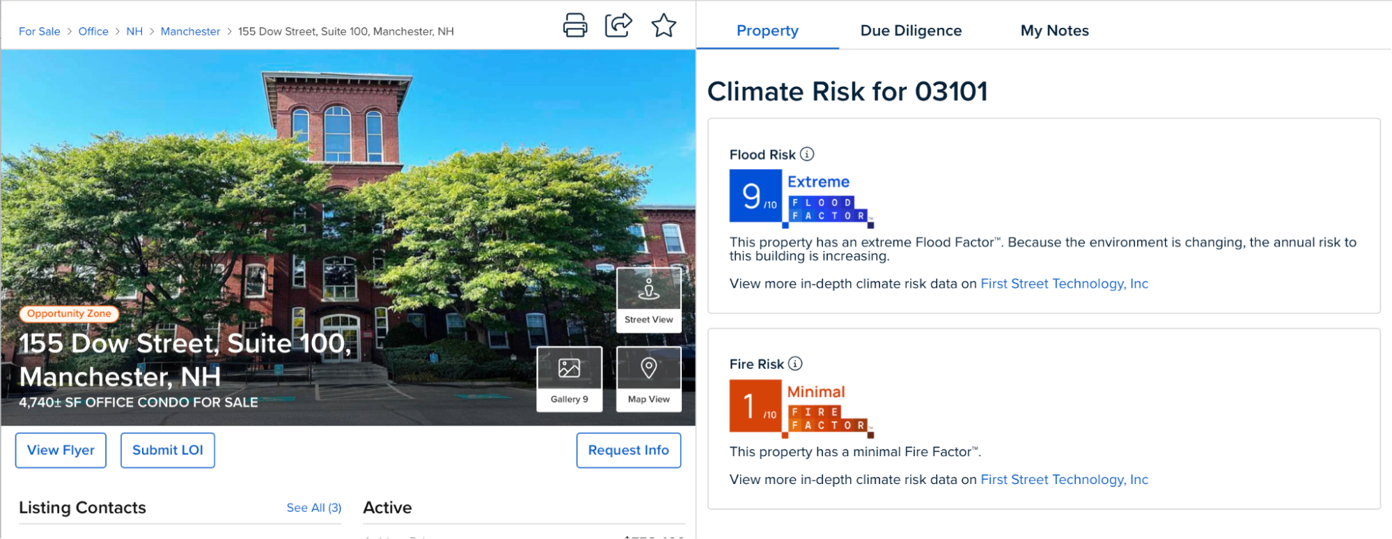 A screenshot of Climate Factors' fire risk view on Crexi
