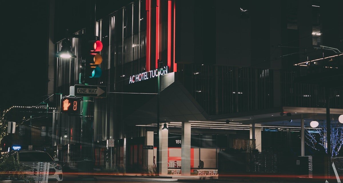 The outside of the Ace Hotel in Tucson with its lit up marquee