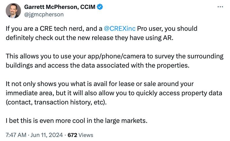 screenshot of a tweet explaining the values of Crexi View