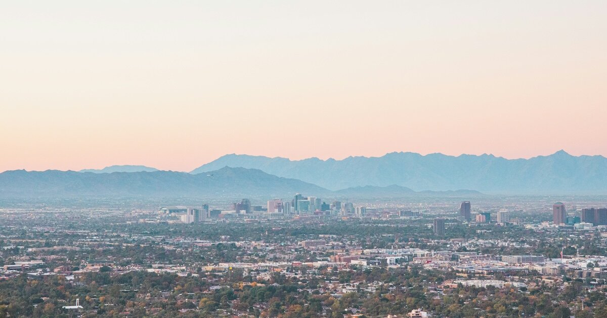 Downtown Phoenix as seen from a distance suburb or at the top of a mountain