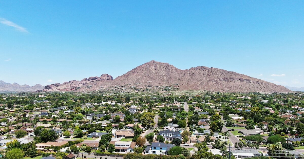 A suburb outside of Phoenix, Arizona with mountains in the background