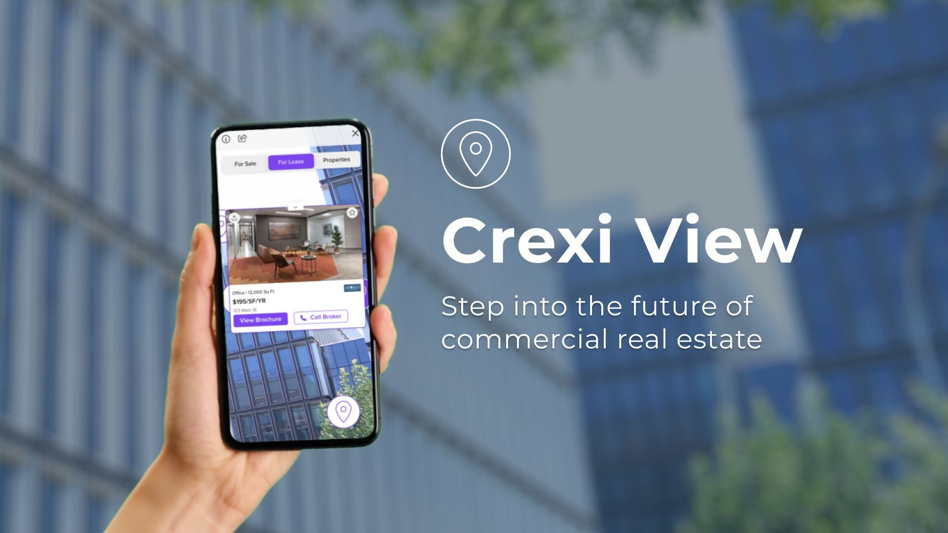 A phone held up in front of buildings showcasing Crexi View's AR feature in situ