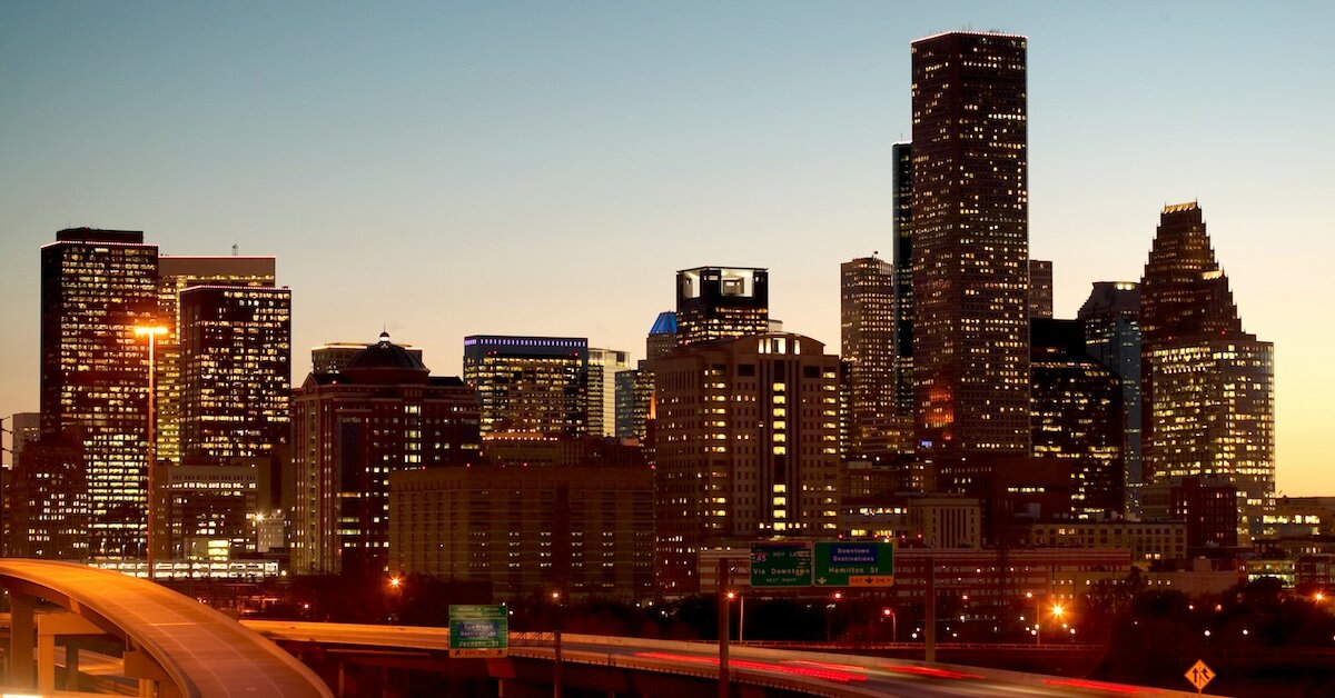 Houston's downtown center at dusk. 