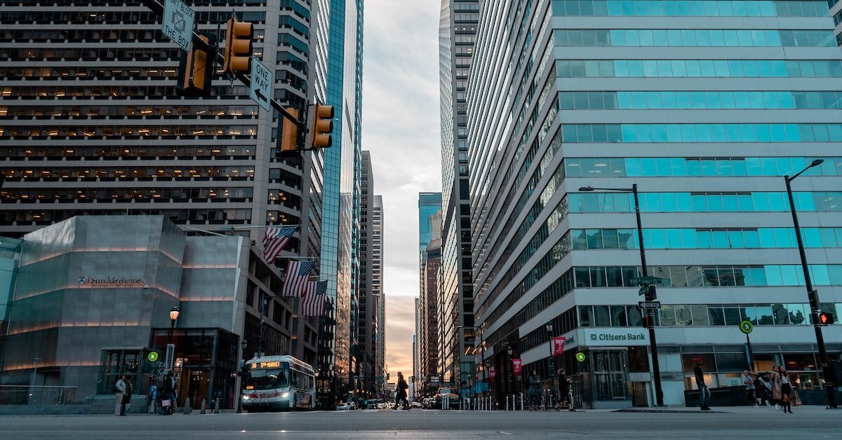 A strip of sunset between two tall buildings in Philadelphia