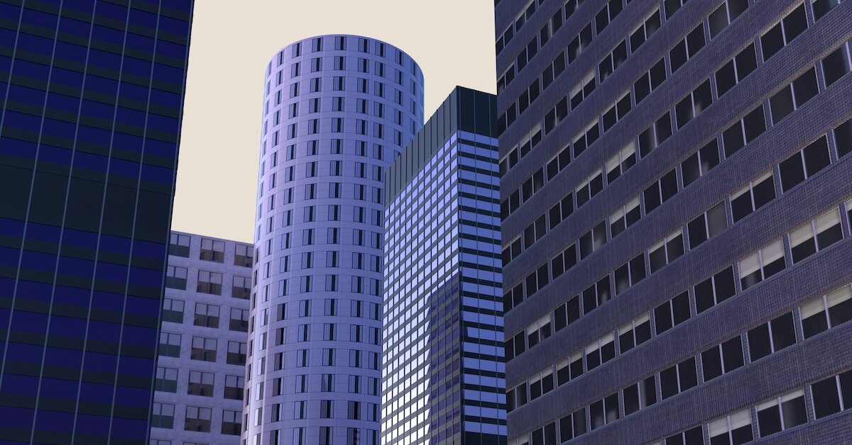 Decorative image of purple commercial real estate buildings
