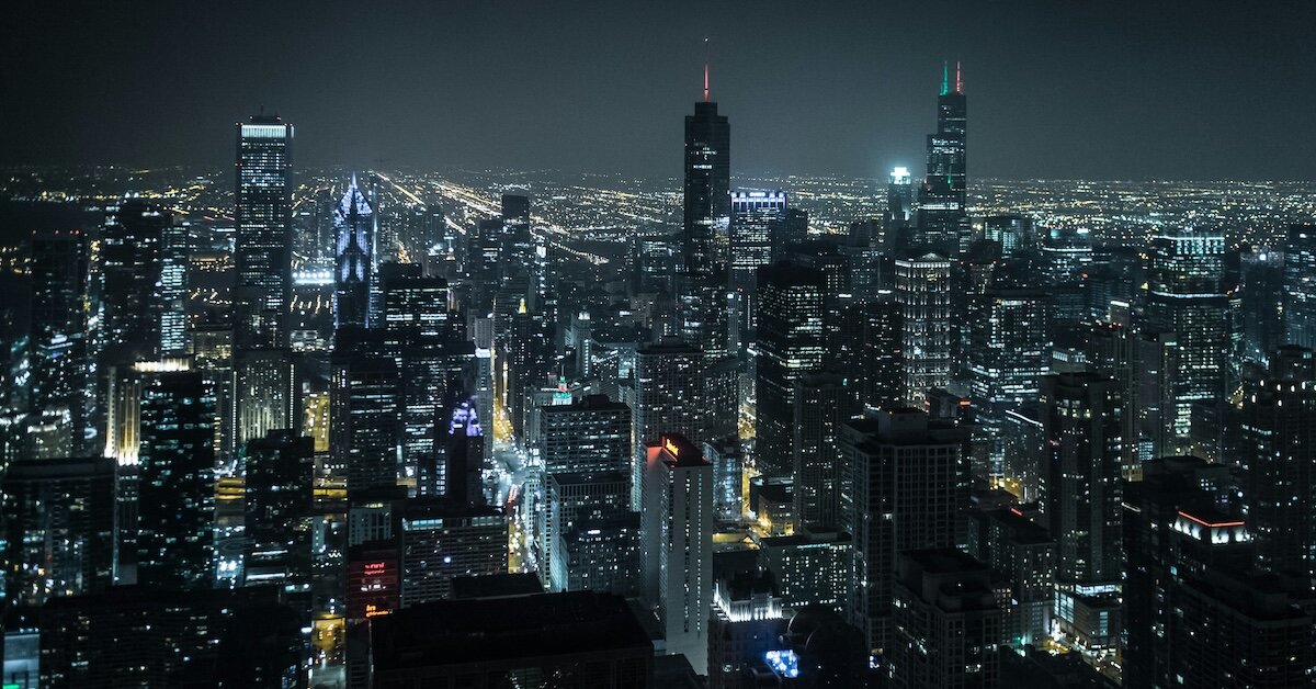 NYC's many office towers lit up at night