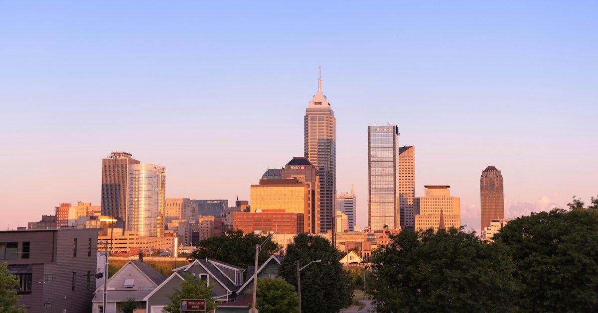 the skyline of Indianapolis at sundown