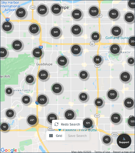 screenshot of new Crexi sales comps map view with black pins