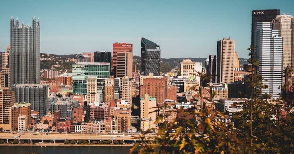 A stretch of downtown commercial real estate buildings in Pittsburgh