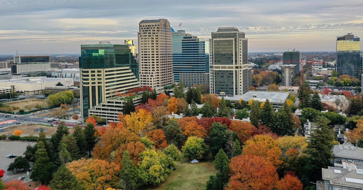 Autumn leaves at a park in front of downtown Sacramento