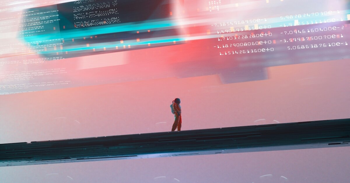 An astronaut explores a digital looking world with numbers, evoking the future of technology and data