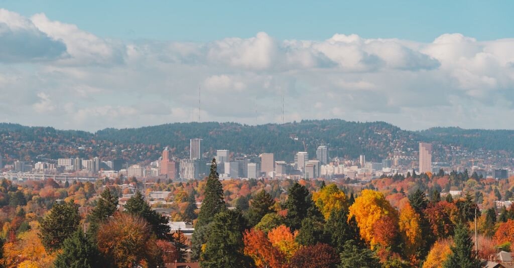 The skyline of Portland Oregon's downtown area in fall