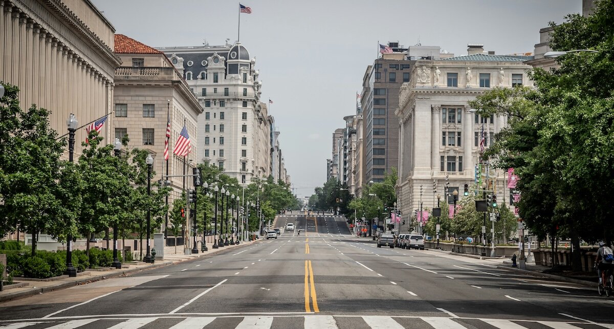 The empty streets of Washington DC features walkways for retail spaces