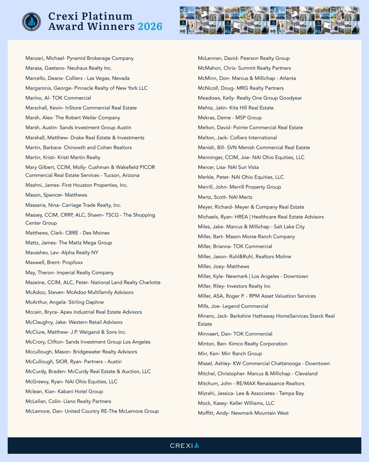 List of Crexi Platinum Award Winners for 2026