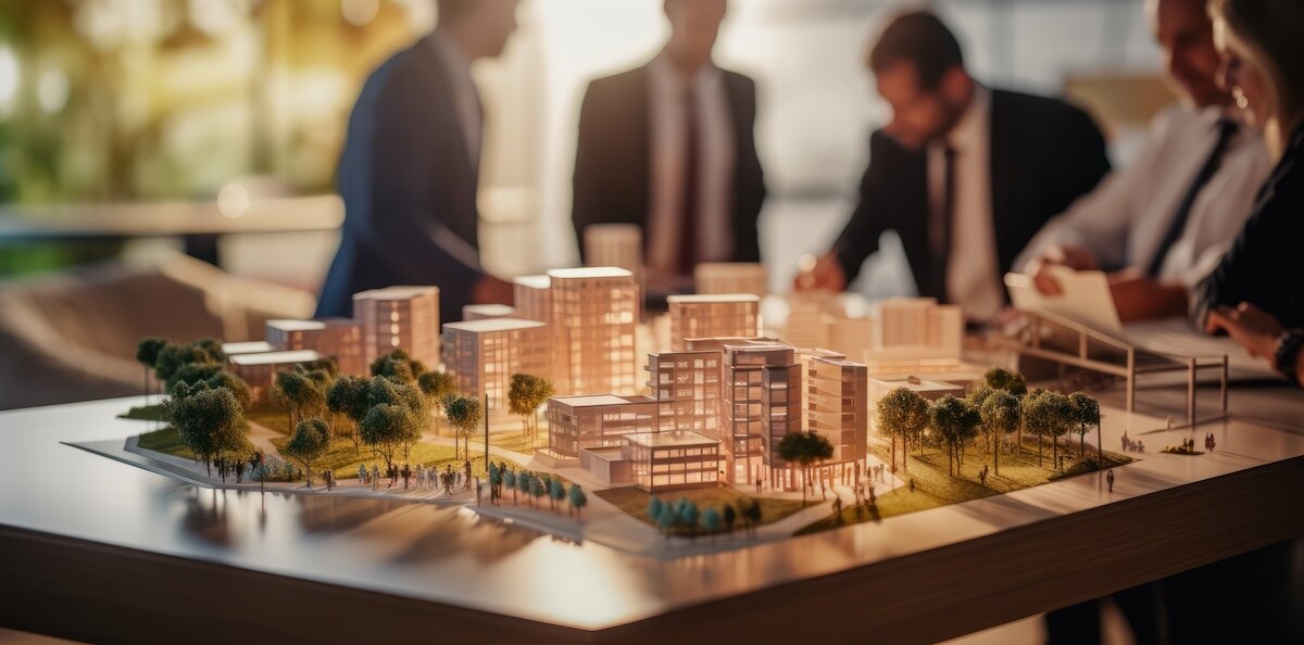 People review a model of a commercial real estate park