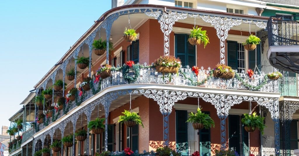 A pink-painted hotel in New Orleans' French Quarter