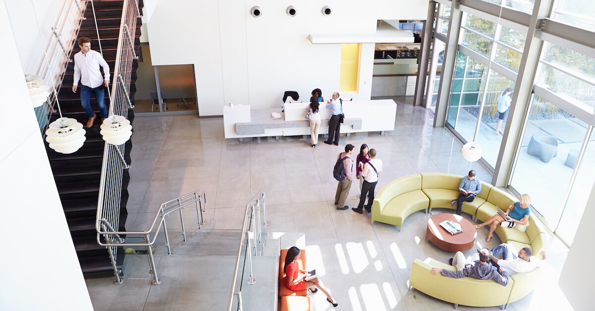 The interior lobby of an office inside a multi-use property.