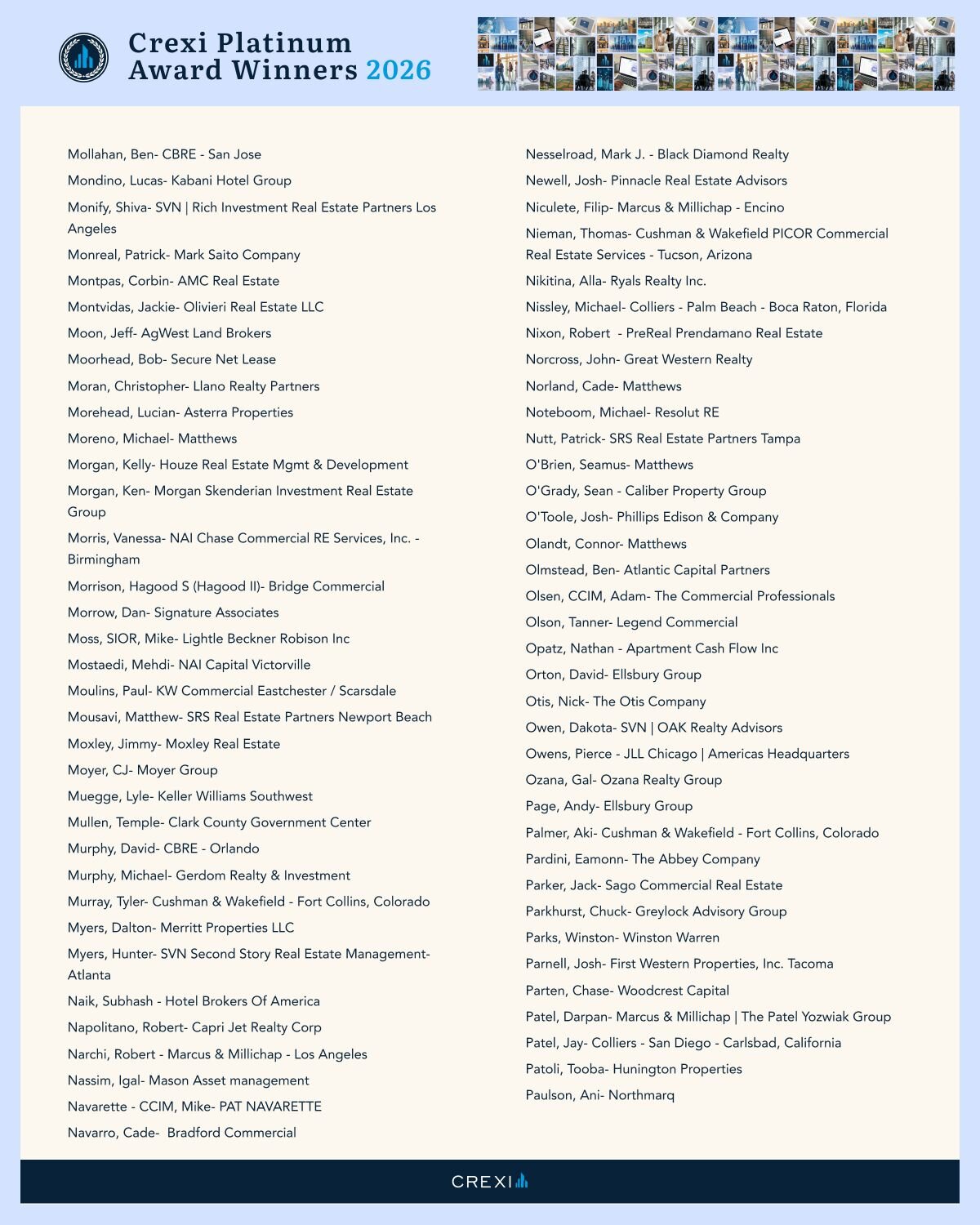 List of Crexi Platinum Award Winners for 2026