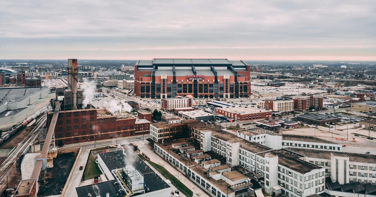 A stadium and commercial warehouses in Indianapolis
