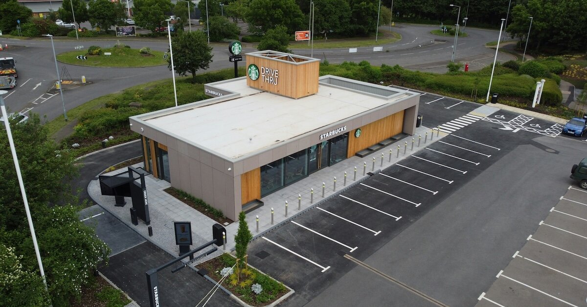 overhead image of a starbucks drivethru
