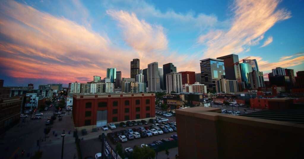 The sunset behind the Denver downtown skyline