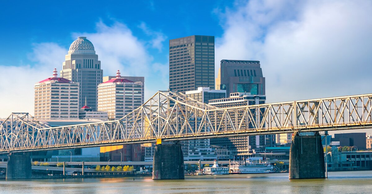 Louisville's yellow bridge set against the downtown skyline during the day