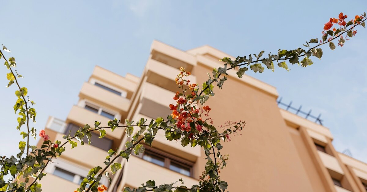 flowers in the front of a commercial building