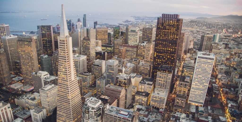 The downtown business center of San Francisco at night