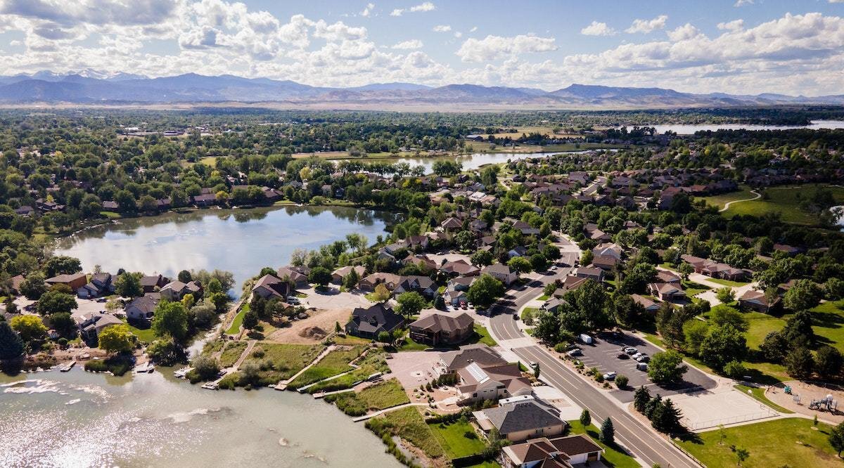 A drone overhead shot of a neighborhood in Northern Colorado