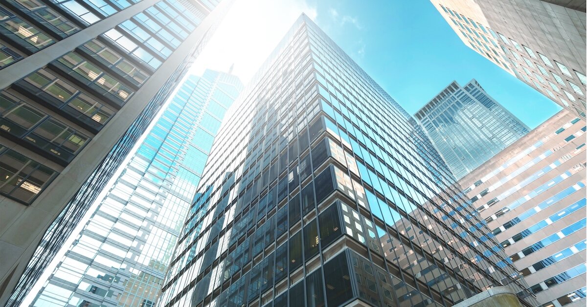Tall skyscrapers in front of a blue sky
