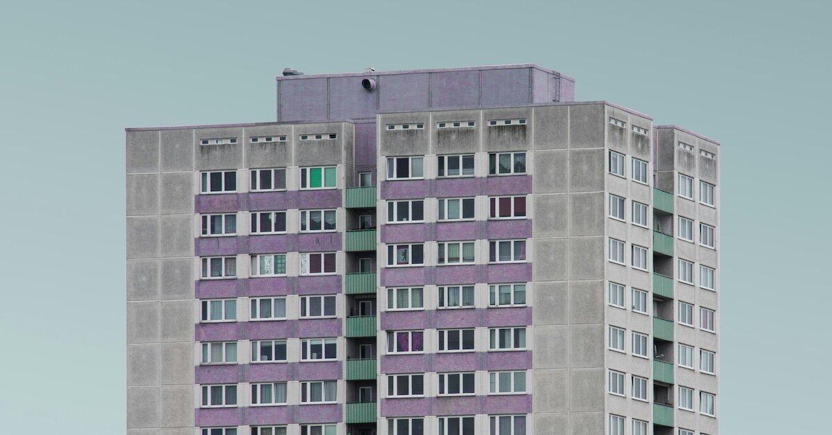 A purple and cream colored commercial property