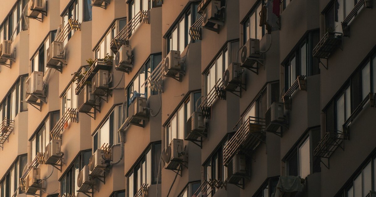 Rows of apartment units in a multifamily building