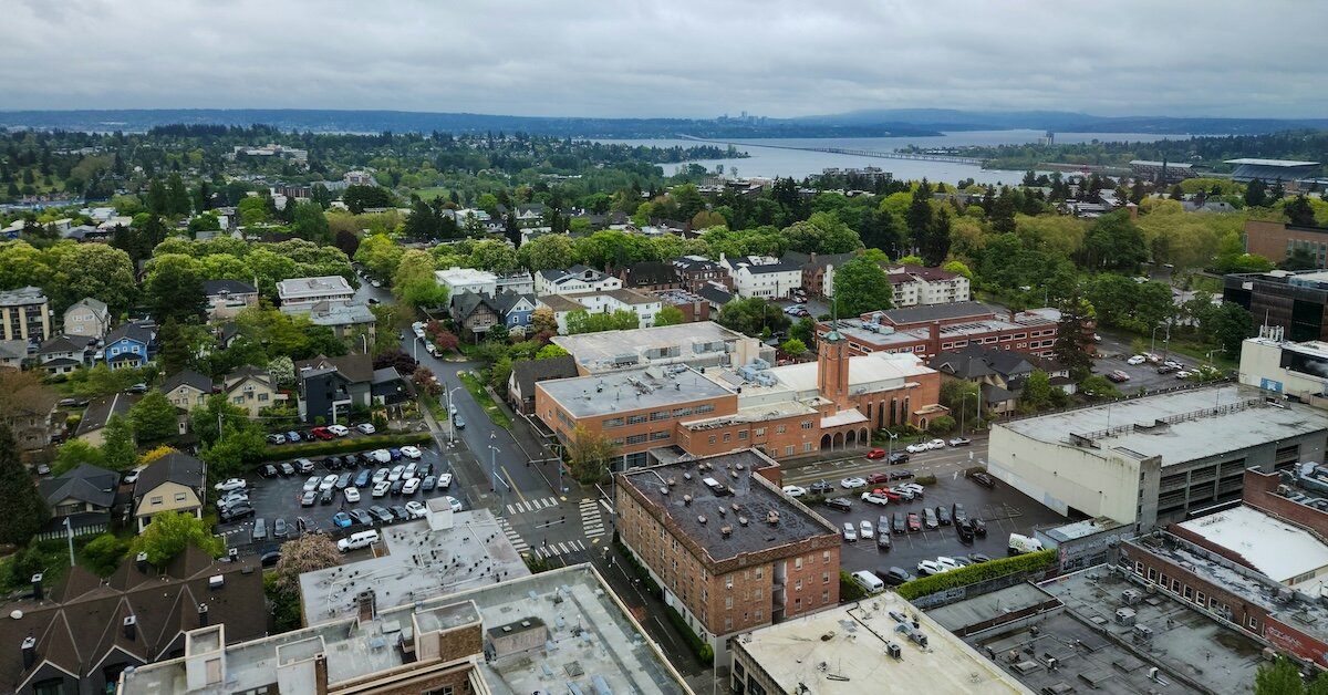 A drone view of Seattle's downtown university neighborhood, where many commercial properties have sprung up in recent years