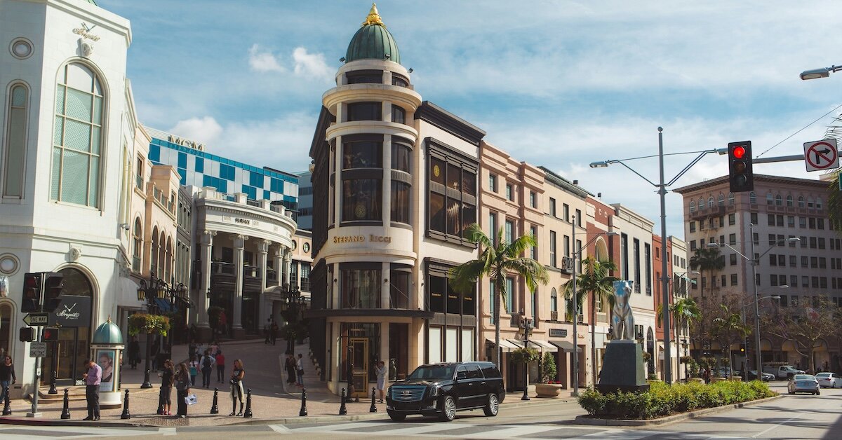 A busy corner on Rodeo Drive in Beverly Hills, a center for luxury retail