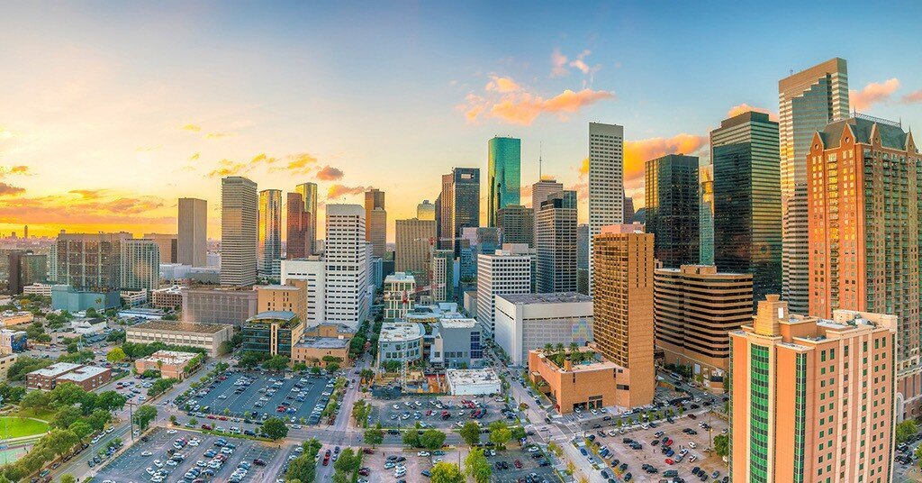 A panoramic view of Downtown Houston, Texas at sunset