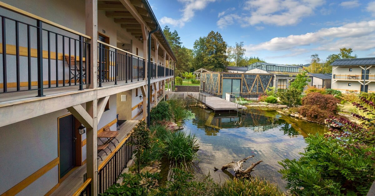 The interior of a hotel resort with water features