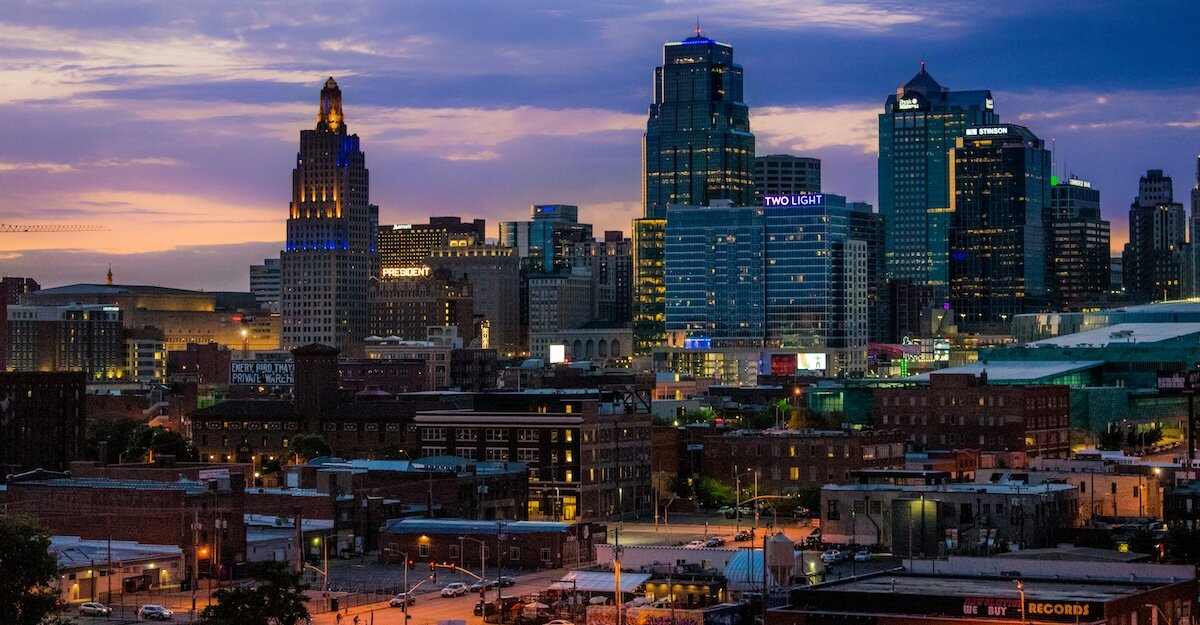 Kansas City's business district and downtown at sunset