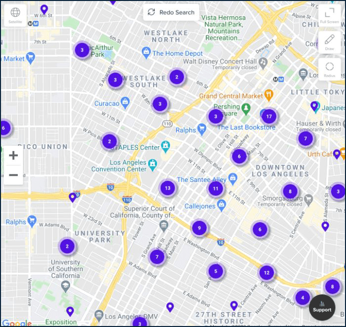 screenshot of new map view on CREXi with ADA compliant purple pins