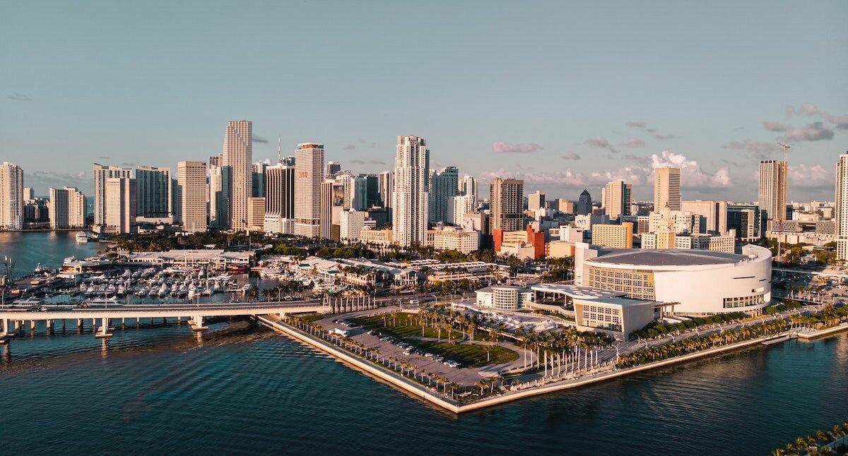 Bridges connect Miami's Dolphins stadium to the main section of downtown Miami