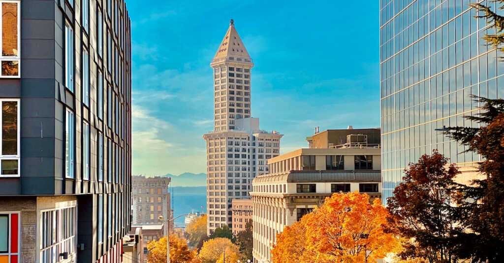 Tall buildings in Seattle during the fall.