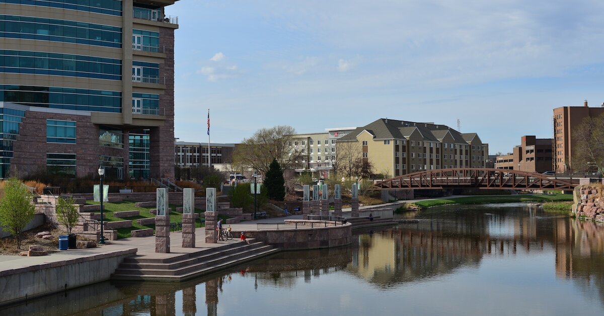 Sioux Falls buildings by the river.